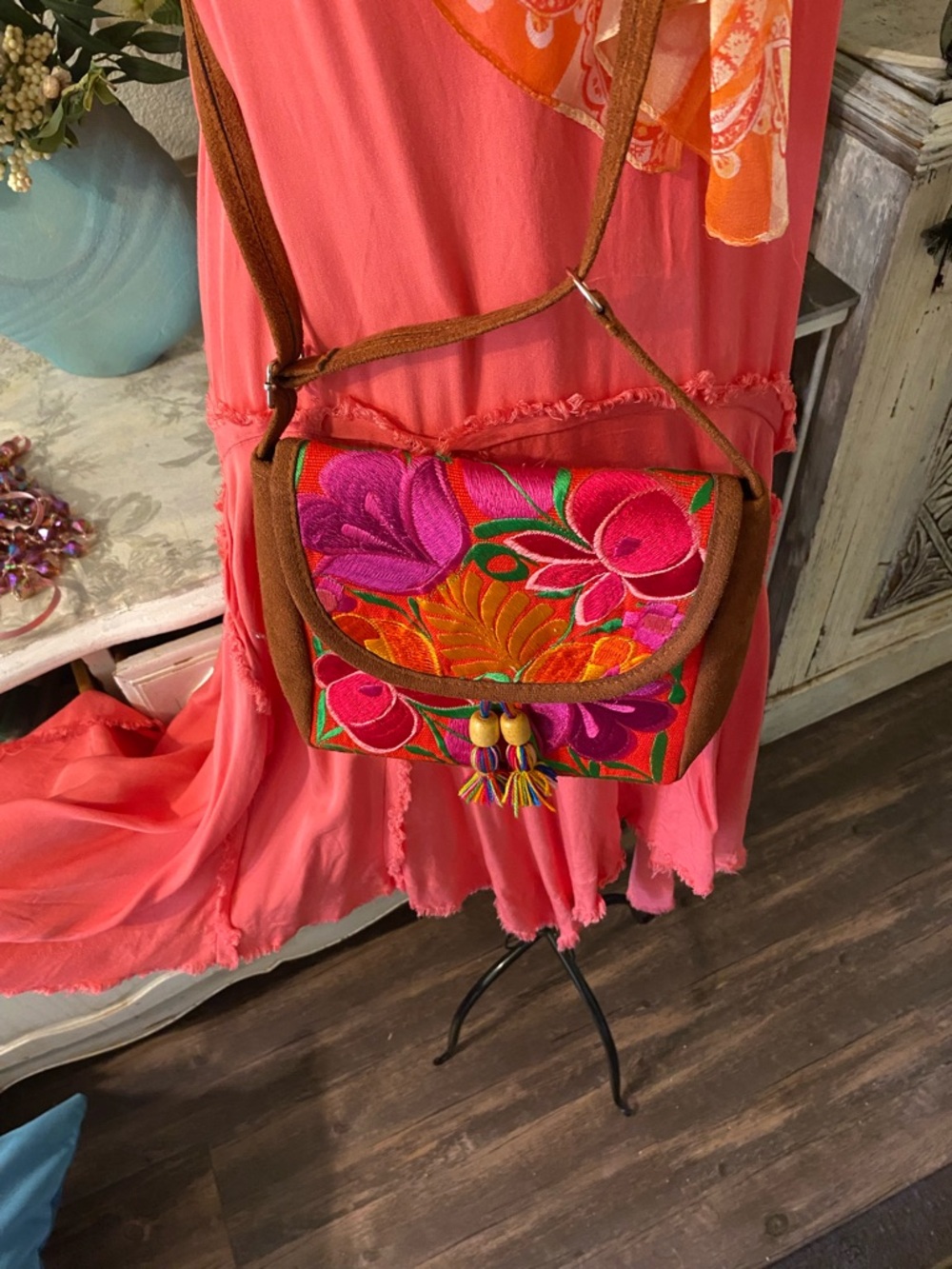 Hand-Embroidered Floral Crossbody Bag in Pink & Orange